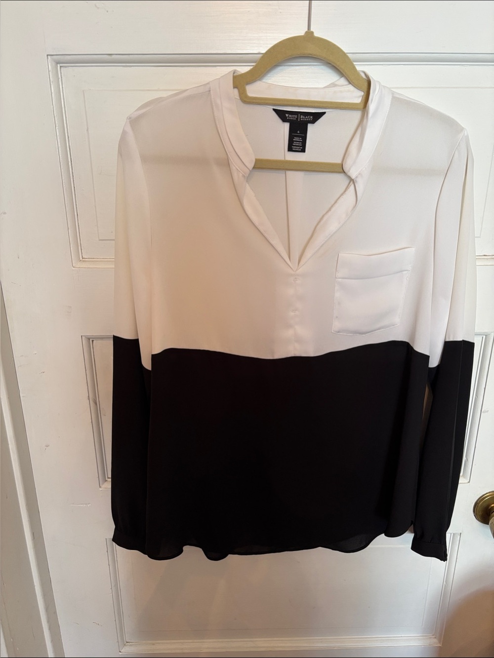 White House Black Market Black and White Colorblock V-Neck Blouse